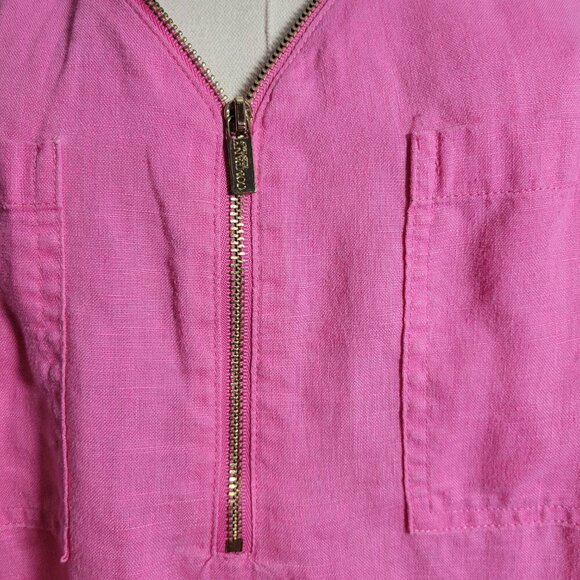 Company Ellen Tracy Extra Large Pink Peony Zippered V Neck Roll Tab Linen Blouse - Picture 10 of 13